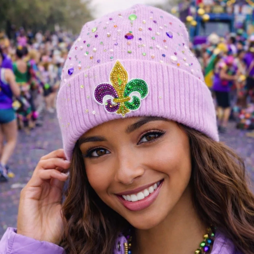 Mardi Gras Purple Beanie with Fleur-de-Lis Design